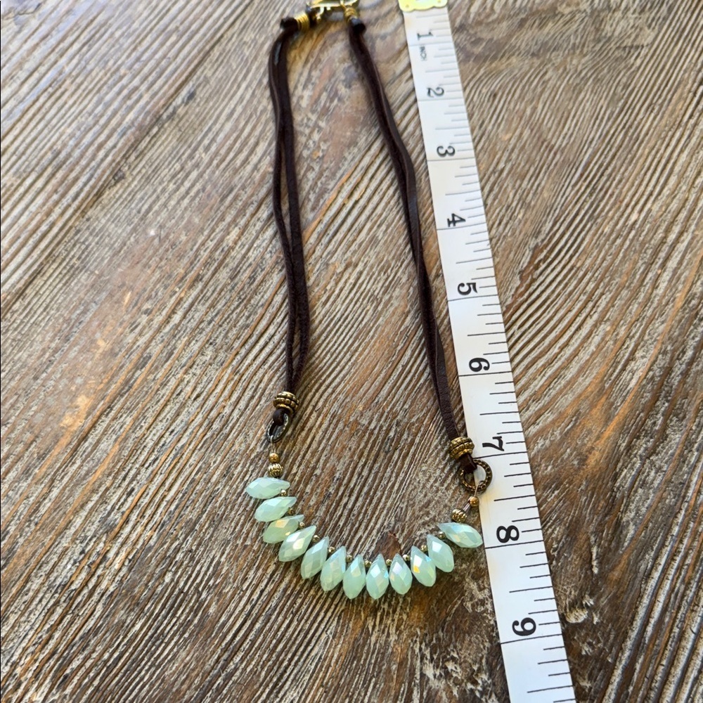 Bohemian Green Beaded Necklace with Brown Suede Cord - Picture 7 of 7